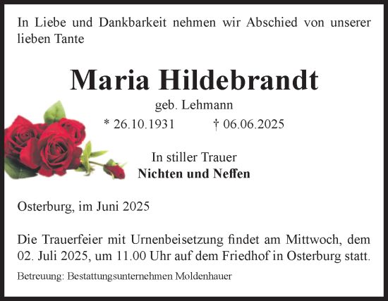 Traueranzeige von Maria Hildebrandt von Volksstimme Altmark Ost