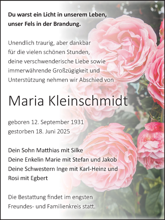 Traueranzeige von Maria Kleinschmidt von Volksstimme Haldensleben/Wolmirstedt
