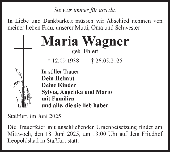 Traueranzeige von Maria Wagner von Volksstimme Staßfurt