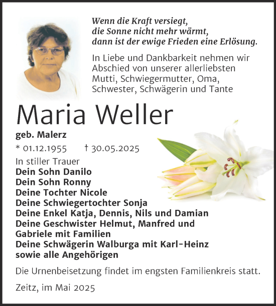 Traueranzeige von Maria Weller von Trauerkombi Zeitz