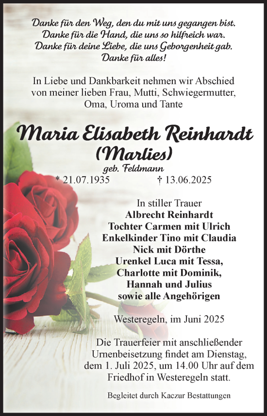 Traueranzeige von Maria Elisabeth Reinhardt von Volksstimme Staßfurt
