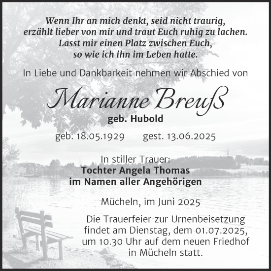 Traueranzeige von Marianne Breuß von Trauerkombi Merseburg