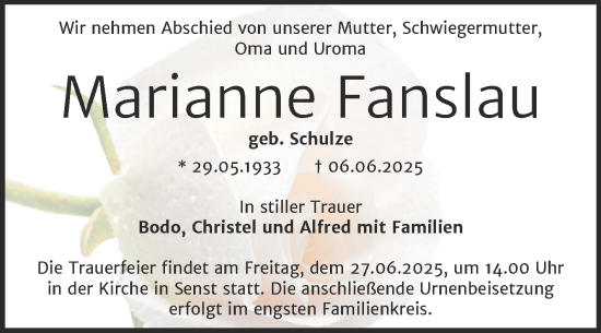 Traueranzeige von Marianne Fanslau von Trauerkombi Wittenberg