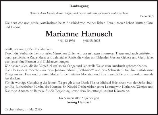 Traueranzeige von Marianne Hanusch von Volksstimme Oschersleben/Wanzleben