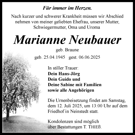 Traueranzeige von Marianne Neubauer von Trauerkombi Quedlinburg