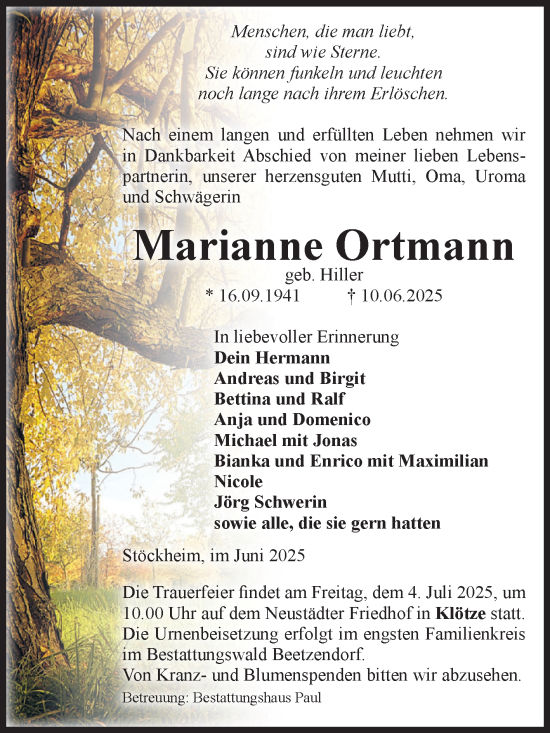Traueranzeige von Marianne Ortmann von Volksstimme Altmark West