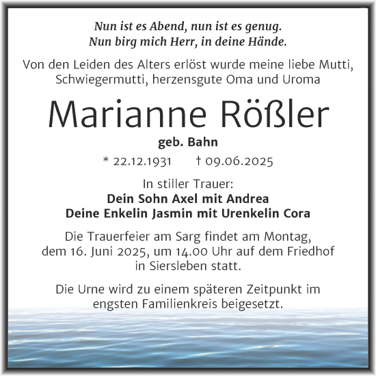 Traueranzeige von Marianne Rößler von Trauerkombi Mansfelder Land