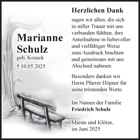 Traueranzeige von Marianne Schulz von Volksstimme Altmark West