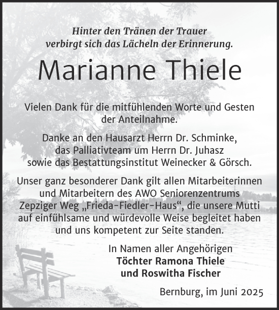 Traueranzeige von Marianne Thiele von Trauerkombi Bernburg