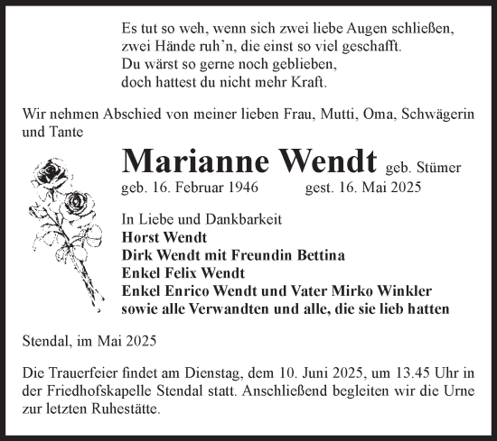 Traueranzeige von Marianne Wendt von Volksstimme Altmark Ost