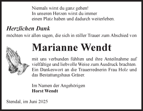 Traueranzeige von Marianne Wendt von Volksstimme Altmark Ost