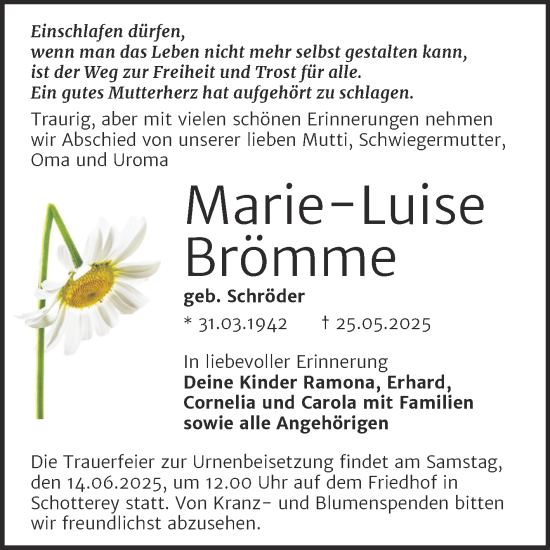 Traueranzeige von Marie-Luise Brömme von Trauerkombi Merseburg