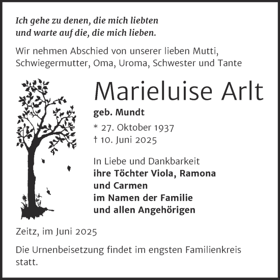 Traueranzeige von Marieluise Arlt von Trauerkombi Zeitz