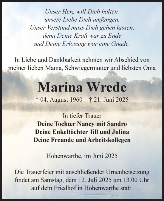 Traueranzeige von Marina Wrede von Volksstimme Magdeburg