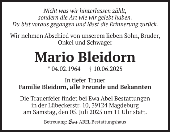 Traueranzeige von Mario Bleidorn von Volksstimme Magdeburg