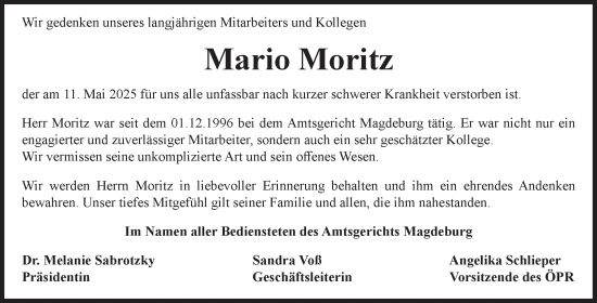 Traueranzeige von Mario Moritz von Volksstimme Magdeburg