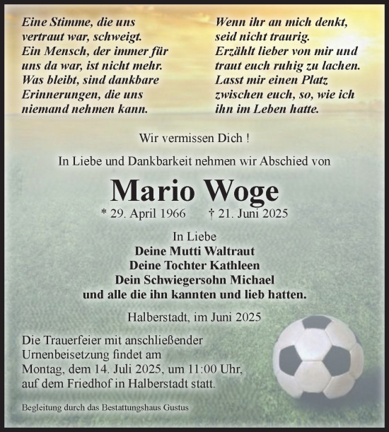 Traueranzeige von Mario Woge von Volksstimme Halberstadt
