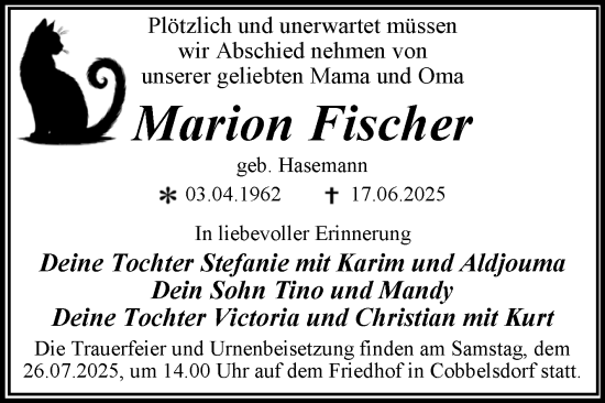 Traueranzeige von Marion Fischer von Trauerkombi Wittenberg
