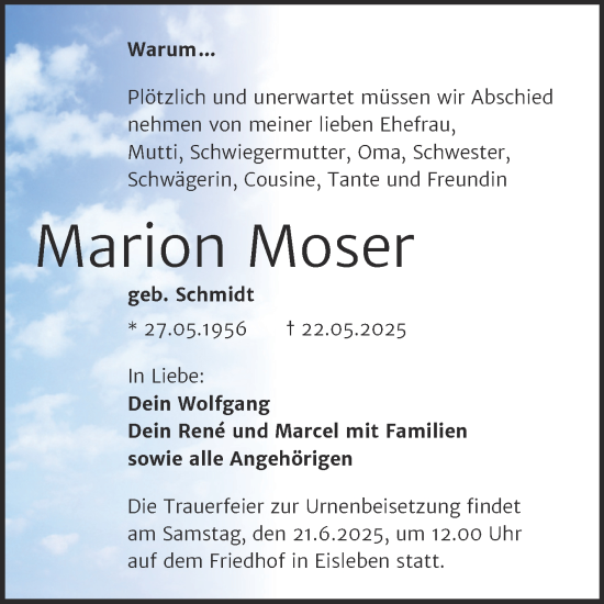 Traueranzeige von Marion Moser von Trauerkombi Mansfelder Land