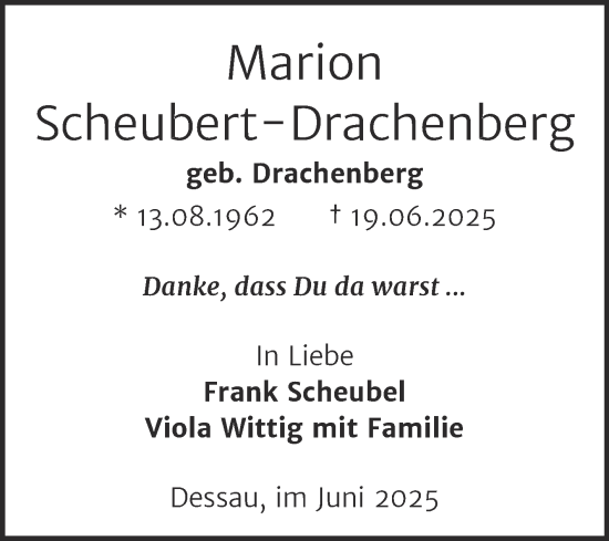 Traueranzeige von Marion Scheubert-Drachenberg von Trauerkombi Dessau
