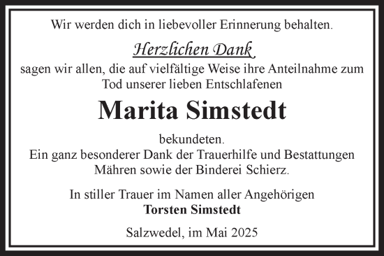 Traueranzeige von Marita Simstedt von Volksstimme Altmark West