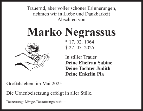 Traueranzeige von Marko Negrassus von Volksstimme Oschersleben/Wanzleben