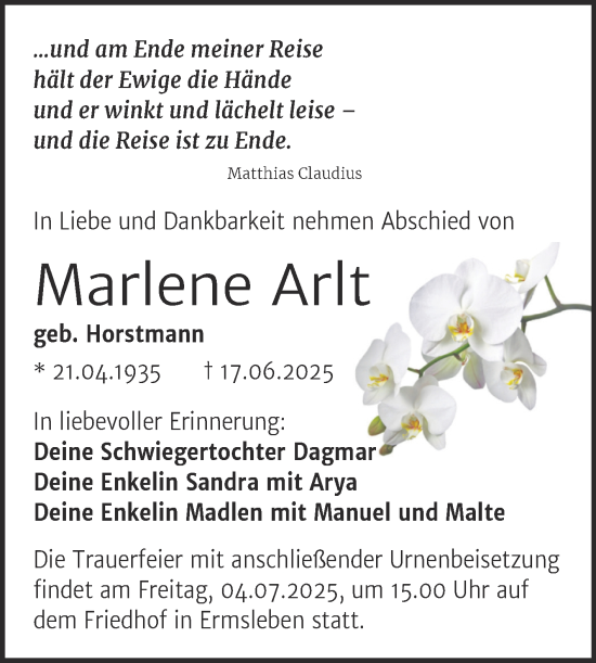 Traueranzeige von Marlene Arlt von Trauerkombi Quedlinburg