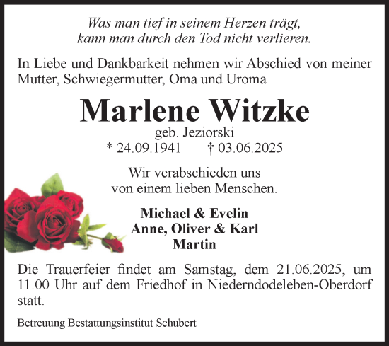 Traueranzeige von Marlene Witzke von Volksstimme Haldensleben/Wolmirstedt