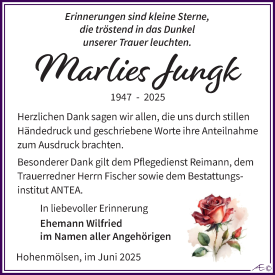 Traueranzeige von Marlies Jungk von Trauerkombi Weißenfels