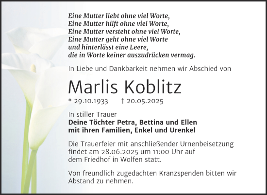 Traueranzeige von Marlis Koblitz von Trauerkombi Bitterfeld
