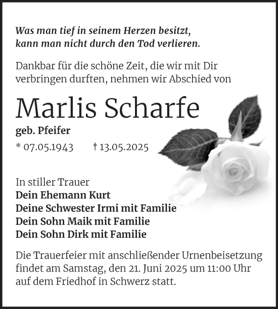 Traueranzeige von Marlis Scharfe von Mitteldeutsche Zeitung Halle/Saalkreis