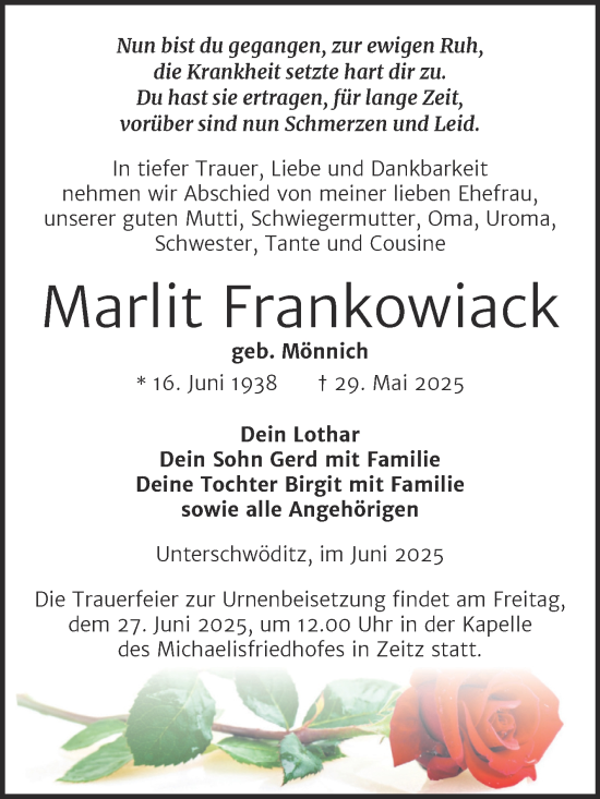 Traueranzeige von Marlit Frankowiack von Trauerkombi Zeitz