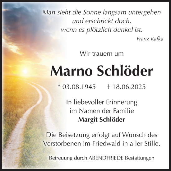 Traueranzeige von Marno Schlöder von Volksstimme Magdeburg