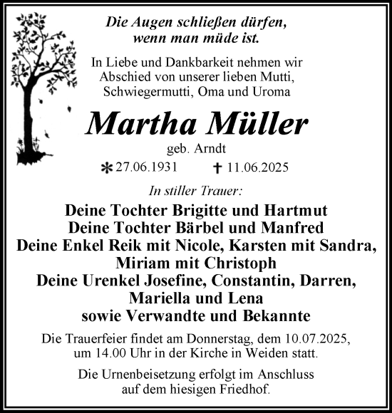 Traueranzeige von Martha Müller von Trauerkombi Wittenberg