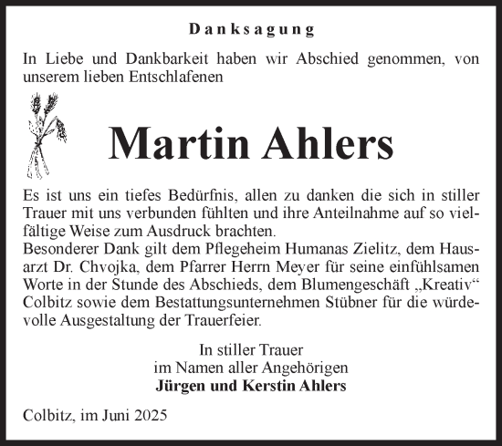 Traueranzeige von Martin Ahlers von Volksstimme Haldensleben/Wolmirstedt