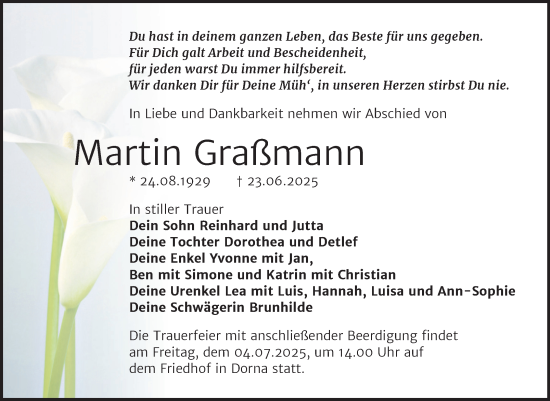 Traueranzeige von Martin Graßmann von Trauerkombi Wittenberg
