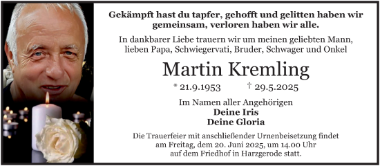 Traueranzeige von Martin Kremling von Trauerkombi Quedlinburg