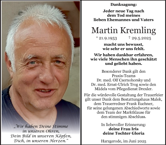 Traueranzeige von Martin Kremling von Trauerkombi Quedlinburg