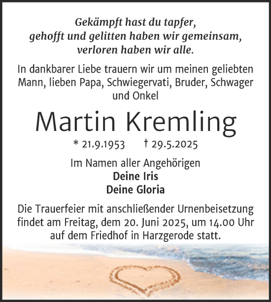 Traueranzeige von Martin Kremling von Trauerkombi Quedlinburg