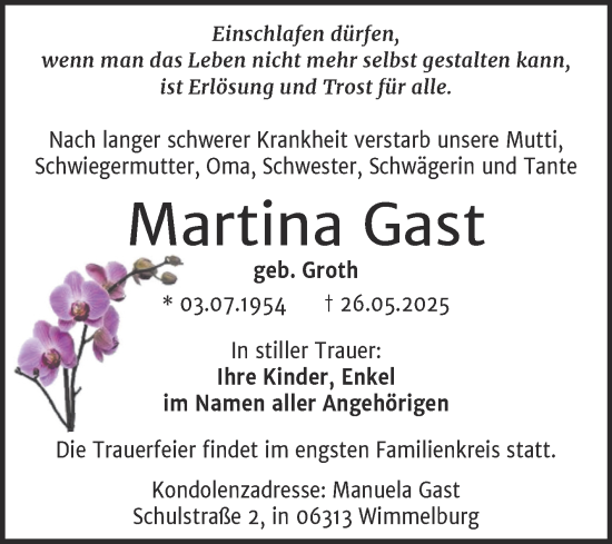 Traueranzeige von Martina Gast von Trauerkombi Mansfelder Land