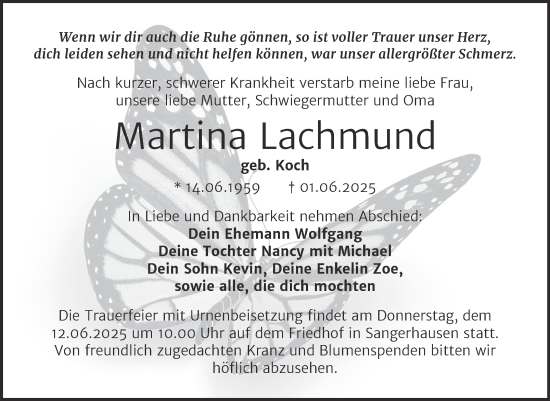 Traueranzeige von Martina Lachmund von Trauerkombi Sangerhausen