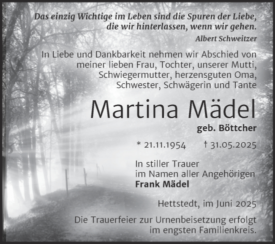 Traueranzeige von Martina Mädel von Trauerkombi Mansfelder Land
