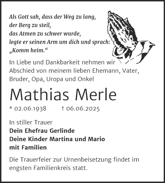 Traueranzeige von Mathias Merle von Trauerkombi Mansfelder Land