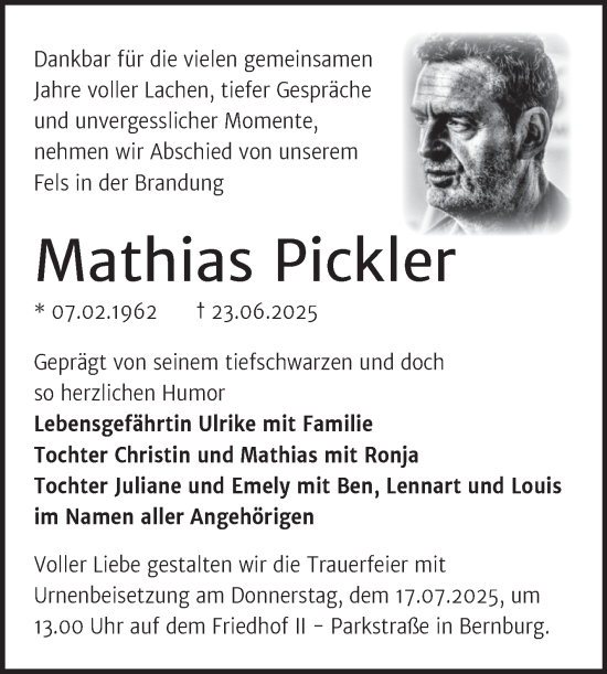 Traueranzeige von Mathias Pickler von Trauerkombi Bernburg