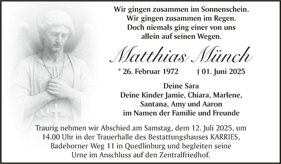 Traueranzeige von Matthias Münch von Trauerkombi Quedlinburg