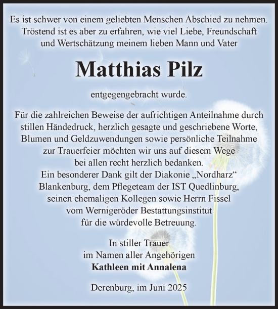 Traueranzeige von Matthias Pilz von Volksstimme Wernigerode