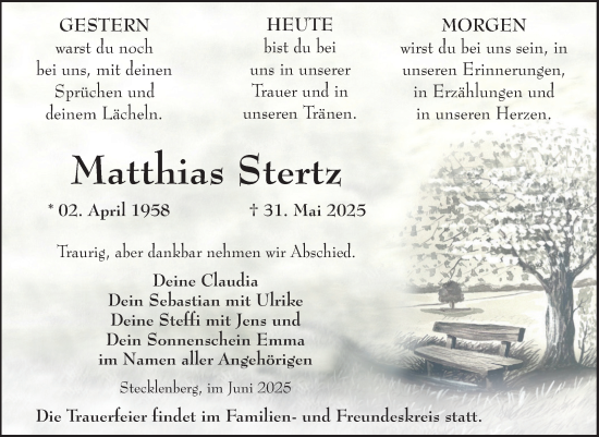 Traueranzeige von Matthias Stertz von Trauerkombi Quedlinburg