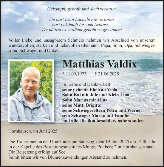 Traueranzeige von Matthias Valdix von Volksstimme Oschersleben/Wanzleben