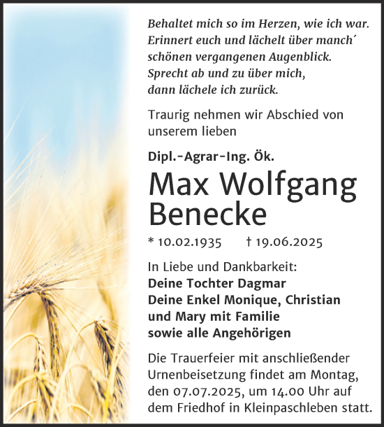 Traueranzeige von Max Wolfgang Benecke von Trauerkombi Köthen