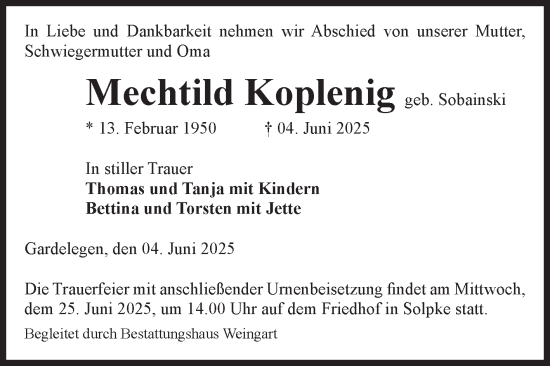 Traueranzeige von Mechtild Koplenig von Volksstimme Altmark West